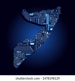 Contour map of Somalia with a technological electronics circuit. African country. Blue background.
