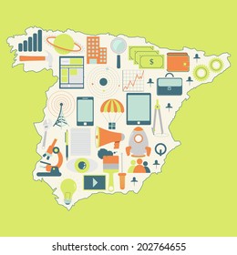 Contour map of Spain with icons of technology, business, science, communication. Map of Spain with technology icons