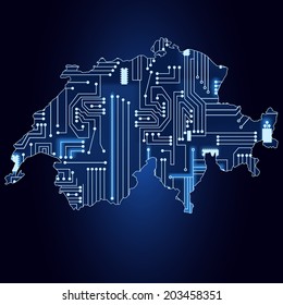 Contour map of Switzerland with a technological electronics circuit. Map of Switzerland with electronic circuit
