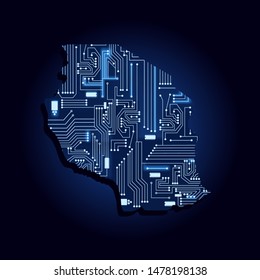 Contour map of Tanzania with a technological electronics circuit. African country. Blue background.
