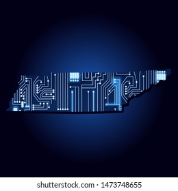 Contour map of Tennessee with a technological electronics circuit. USA state. Blue background.

