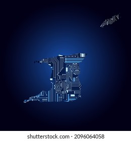 Contour map of Trinidad and Tobago with a technological electronics circuit.