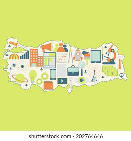 Contour map of Turkey with icons of technology, business, science, communication. Map of Turkey with technology icons
