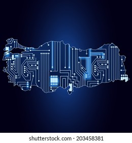 Contour map of Turkey with a technological electronics circuit. Map of Turkey with electronic circuit 