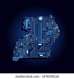 Contour map of Uganda with a technological electronics circuit. African country. Blue background.

