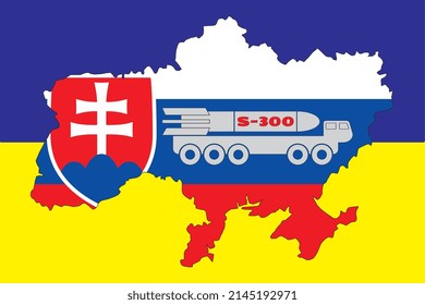 The contour of the map of Ukraine is painted in the colors of the flag of Slovakia on the flag of Ukraine and the installation of S-300. Vector illustration 
