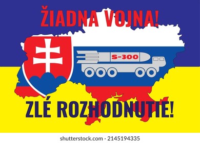 The contour of the map of Ukraine is painted in the colors of the flag of Slovakia on the flag of Ukraine and the installation of S-300. Vector illustration with an inscription in Slovak NO WAR! and B