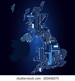 Contour map of United Kingdom with a technological electronics circuit. Map of United Kingdom with electronic circuit