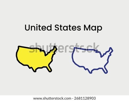 Contour map of the united states two representations yellow filled and outline