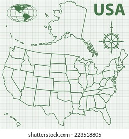 Contour map of the USA, globe and windrose on grid pattern. Elements of this image furnished by NASA. All objects are independent and fully editable 