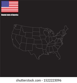 Contour map of USA on black background with national flag