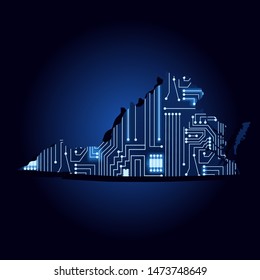 Contour map of Virginia with a technological electronics circuit. USA state. Blue background.
