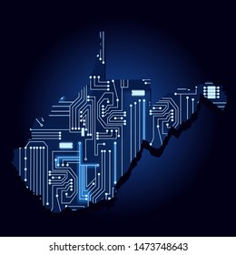 Contour map of West Virginia with a technological electronics circuit. USA state. Blue background.
