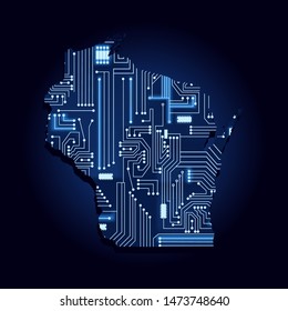 Contour map of Wisconsin with a technological electronics circuit. USA state. Blue background.
