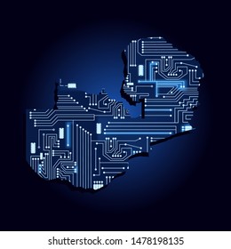 Contour map of Zambia with a technological electronics circuit. African country. Blue background.
