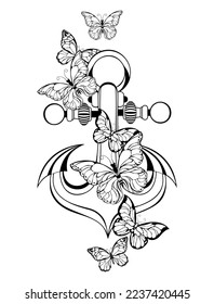 Contour, marine anchor, decorated with swarm of contour, artistically drawn, morpho butterflies on white background. Coloring.
