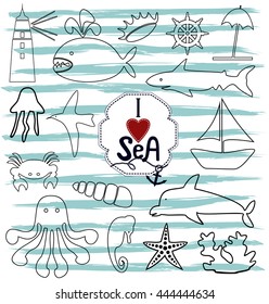 contour marine icons with sea creatures and the ocean and next to the inscription I love the sea