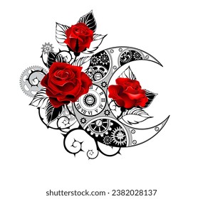 Contour, mechanical crescent moon with gears, decorated with red roses with black spiked stems and leaves on white background. Tattoo style. Hand drawn vector art