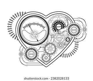 Contorno, corazón mecánico con engranajes, manómetro de presión y resortes sobre fondo blanco. Estilo Steampunk. Arte vector dibujado a mano