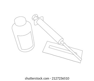 The contour of a medical syringe with an ampoule from black lines isolated on a white background. Vector illustration