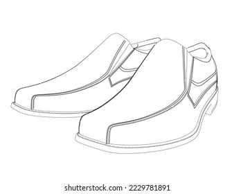 Contour of men's shoes from black lines isolated on white background. Perspective view. 3D. Vector illustration.