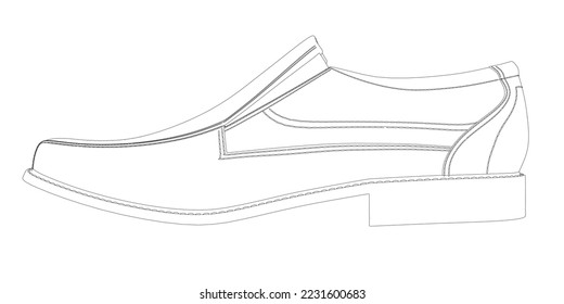 Contour of men's shoes from black lines isolated on white background. Side view. 3D. Vector illustration.