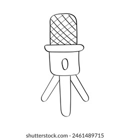 Contour Microphone. Desktop mic on stand, tripod. Professional audio, speech or podcast recording, broadcasting equipment. Isolated on white background. Blogger records. Vector illustration. Doodle