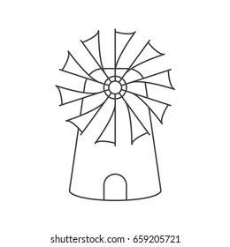 Contour of the Mill on white background. Vector illustration. Windmill drawing coloring book
