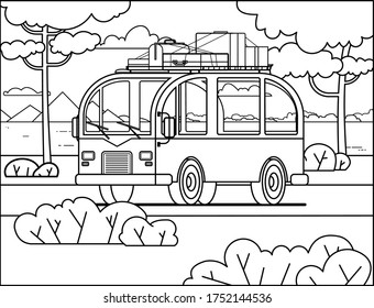 contour minivan for coloring book page; stylized retro minivan on the background of nature, mountains, river, trees; roof runner, suitcases, bags