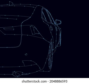 The contour of a modern car made of blue lines on a dark background with glowing lights. Back view. Vector illustration