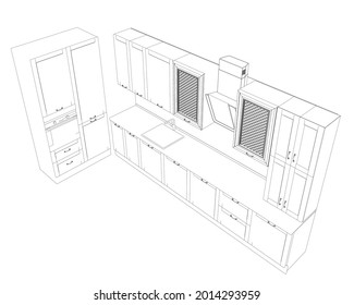 Contour of modern kitchen isolated on white background. Isometric view. Vector illustration