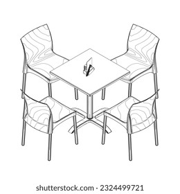 Contour Mesa redonda moderna con sillas. Ilustración vectorial. Esbozo de arte de línea vectorial dibujado a mano de una mesa de comedor con sillas.