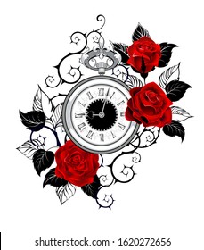 Contour  monochrome  antique clocks decorated and red roses and black contour leaves   stems  Tattoo style 