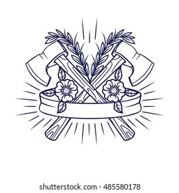 Contour monochrome tattoo hipster style. Flowers, ribbon, axes. Vector Print, logo, tattoo on a white background.