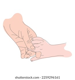 Contour of Mother and Child's Hands in Line Art Style, The Concept of Material Protection and Parental Care isolated on A White Background, Mother Holds a Baby Hand, Tenderness of Mother's Love