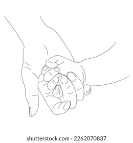 Contour of Mother and Child's Hands in Line Art Style, The Concept of Material Protection and Parental Care isolated on A White Background, Mother Holds a Baby Hand, Tenderness of Mother's Love