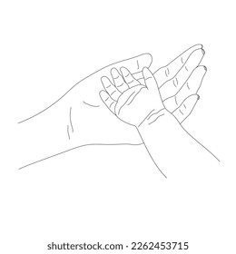 contour of Mother and Child's Hands in Line Art style, the concept of maternal protection and parental care isolated on a white background