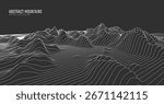 Contour mountain landscape. Waved line art. Abstract minimal topographic map. Contour lines with elevations and terrain depth. Vector illustration.