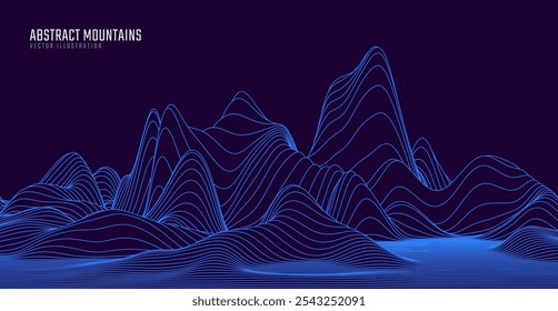 Kontur der Bergwelt. Waved line art. Abstrakte minimale topographische Karte. Konturlinien mit Höhen und Geländetiefe. Vektorgrafik.