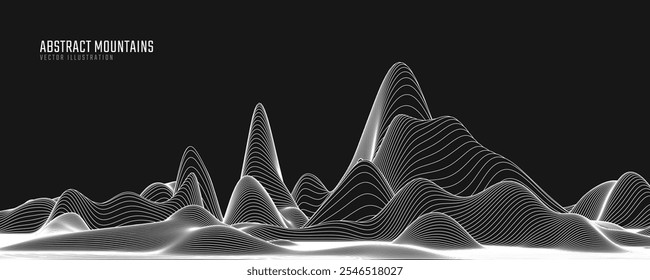 Contour mountain landscape. Waved line art. Abstract minimal topographic map. Contour lines with elevations and terrain depth. Vector illustration.