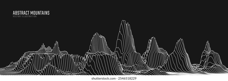 Contorno paisagem de montanha. Linha de arte ondulada. Mapa topográfico mínimo abstrato. Contornos com altitudes e profundidade do terreno. Ilustração vetorial.