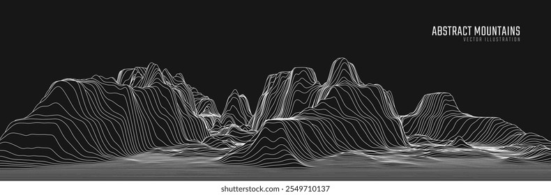 Contorno paisagem de montanha. Linha de arte ondulada. Mapa topográfico mínimo abstrato. Contornos com altitudes e profundidade do terreno. Ilustração vetorial.