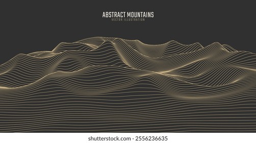 Contour mountain landscape. Waved line art. Abstract minimal topographic map. Contour lines with elevations and terrain depth. Vector illustration.