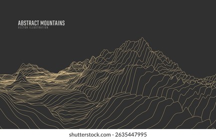 Contorno paisagem de montanha. Linha de arte ondulada. Mapa topográfico mínimo abstrato. Contornos com altitudes e profundidade do terreno. Ilustração vetorial.