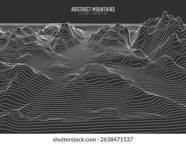 Contour mountain landscape. Waved line art. Abstract minimal topographic map. Contour lines with elevations and terrain depth. Vector illustration.