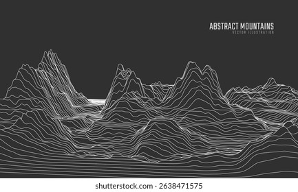 Contour mountain landscape. Waved line art. Abstract minimal topographic map. Contour lines with elevations and terrain depth. Vector illustration.