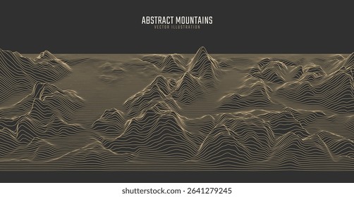 Contour mountain landscape. Waved line art. Abstract minimal topographic map. Contour lines with elevations and terrain depth. Vector illustration.
