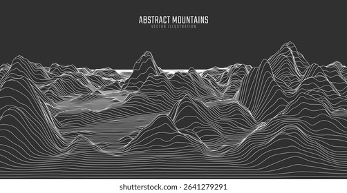Contour mountain landscape. Waved line art. Abstract minimal topographic map. Contour lines with elevations and terrain depth. Vector illustration.