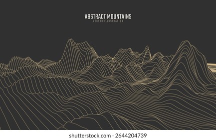 Contorno paisagem de montanha. Linha de arte ondulada. Mapa topográfico mínimo abstrato. Contornos com altitudes e profundidade do terreno. Ilustração vetorial.