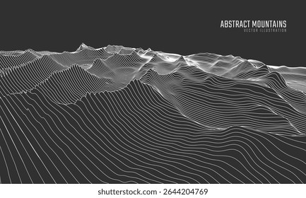 Contorno paisagem de montanha. Linha de arte ondulada. Mapa topográfico mínimo abstrato. Contornos com altitudes e profundidade do terreno. Ilustração vetorial.